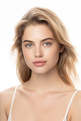 Fototapeta premium Portrait close-up of young European woman with K-beauty style makeup and voluminous hairstyle. Beautiful girl with loose long blonde hair with healthy and perfect skin on white background. Front view