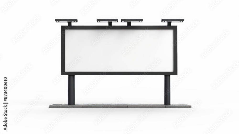 Poster a large white billboard with four lights on top. the billboard is empty and has no writing on it