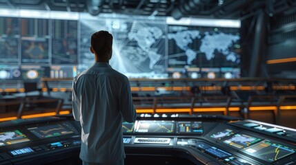 Photorealistic 25-year-old in a logistics control center, overseeing cargo movement and freight management, surrounded by digital dashboards and tracking systems