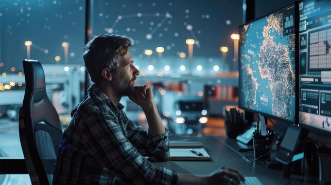 Photorealistic 25-year-old in a transportation management office, planning cargo routes and logistics operations, with freight vehicles and digital tracking systems visible