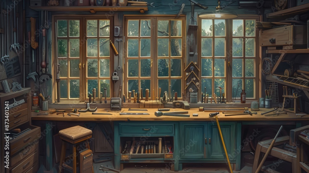Poster a rustic workshop with a large workbench, numerous tools, and a window overlooking a forest