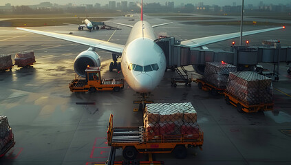 Fototapeta premium Airborne Efficiency: Aerial View of Cargo Unloading at the Airport