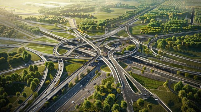 Photorealistic image of a large highway system with detailed overpasses and interchanges, focusing on the complexity and scale of modern road infrastructure