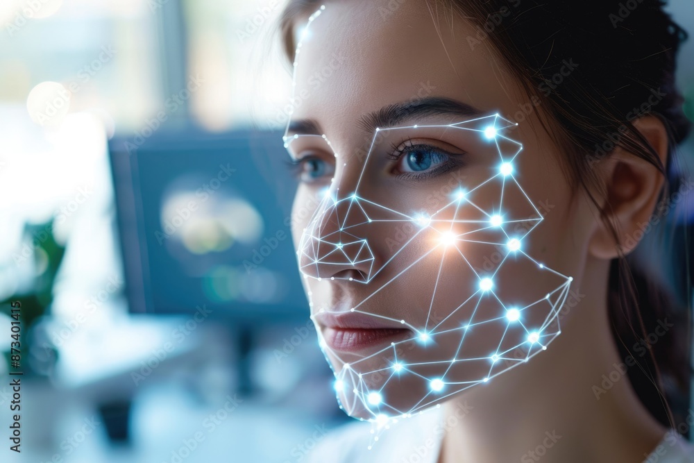Poster imagine a woman in a futuristic world with glowing neural network patterns representing technology a
