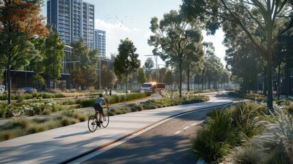 Photorealistic view of a cyclist riding along a dedicated bike path in a modern city, surrounded by greenery and urban infrastructure promoting eco-friendly travel