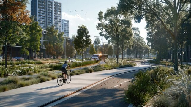 Photorealistic view of a cyclist riding along a dedicated bike path in a modern city, surrounded by greenery and urban infrastructure promoting eco-friendly travel