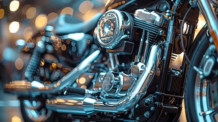 Shiny motorcycle engine close-up with blurred background