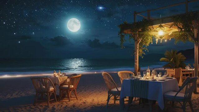 beachside restaurant at night.Seamless 4k time lapse virtual video animation background
