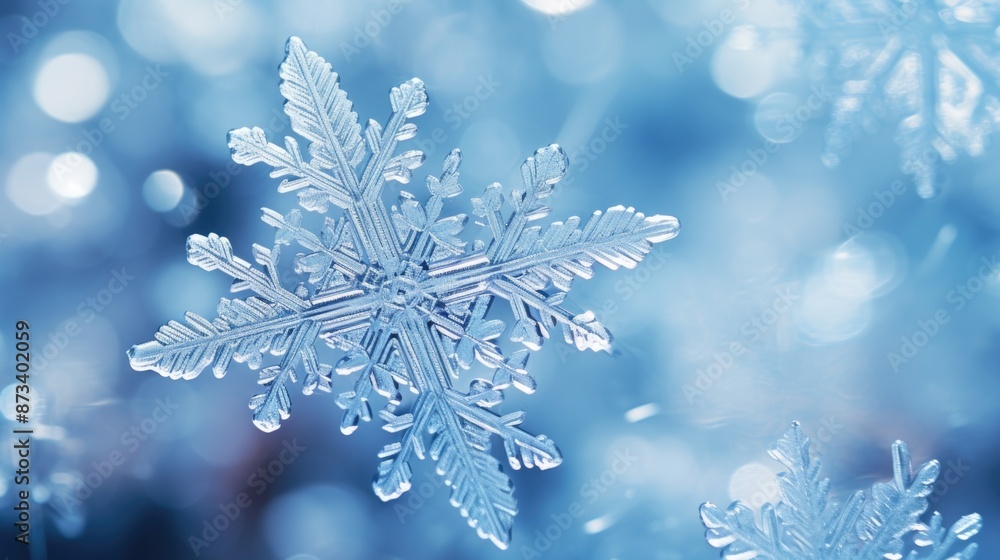 Aufkleber a snowflake is captured in a blue sky. the snowflake is the main focus of the image, and it is the m