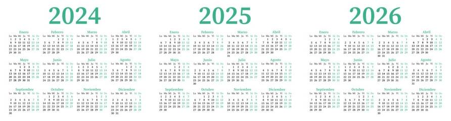 Spanish calendar for 2024,2025,2026. Week starts on Monday.