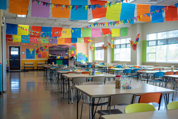 Empty cafeteria tables are waiting for students in a colorful school decorated with drawings and paintings