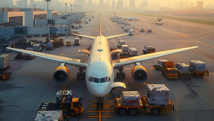 Airborne Efficiency: Aerial View of Cargo Unloading at the Airport
