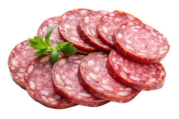 Salami smoked sausage slices isolated on white and transparent background