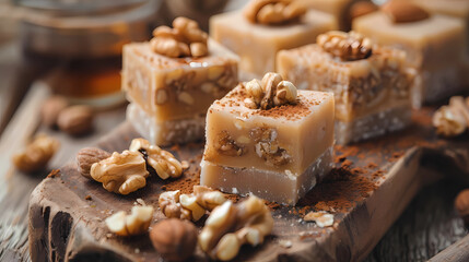 Delicious favorite Turkish dessert for coffee - halva with nuts, close-up