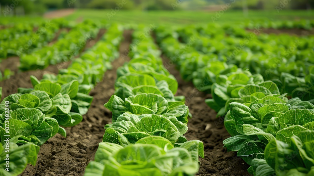 Poster a field of lettuce with rows aligned to depict a positive growth curve, symbolizing the potential of