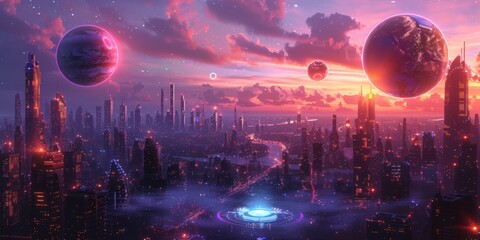 Futuristic Cityscape Under a Pink Sky