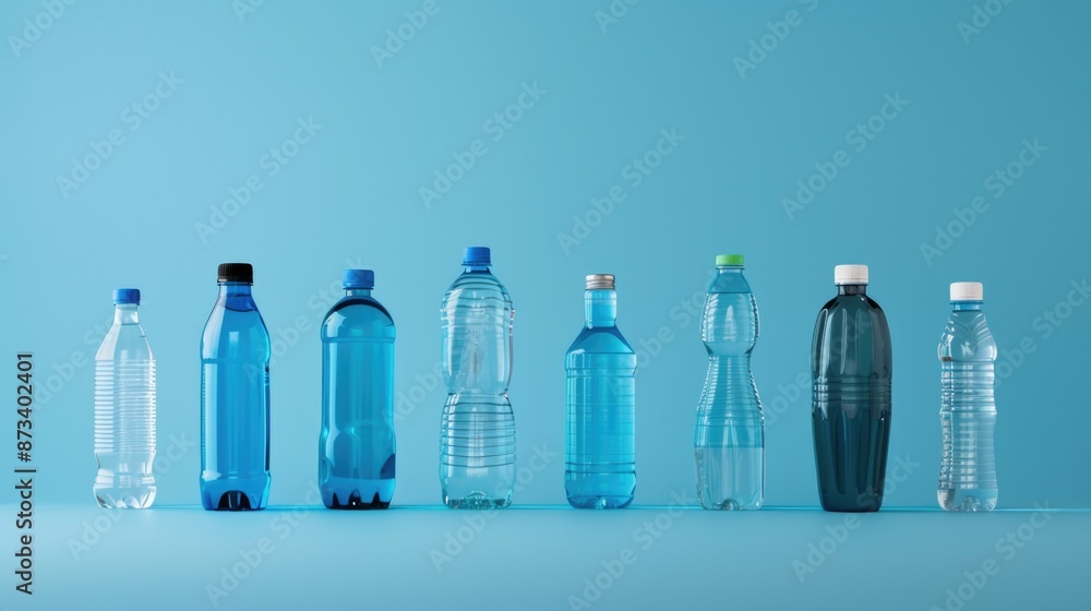 Poster a row of water bottles are lined up on a blue background. the bottles are of different sizes and col