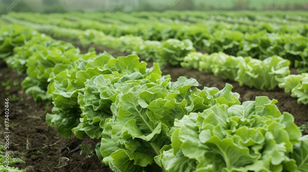 Poster a field of lettuce with rows aligned to depict a positive growth curve, symbolizing the potential of
