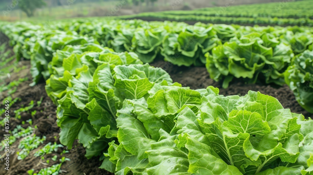 Poster a field of lettuce with rows aligned to depict a positive growth curve, symbolizing the potential of