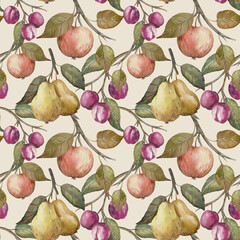 Seamless watercolor pattern with autumn fruits apple,pear and plum branches.
