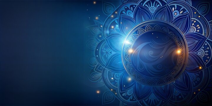 Ornate mandala design on a deep blue background shimmering with sparkles for diwali celebrations