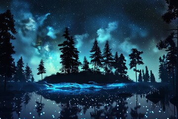 Fototapeta premium A floating island at night, featuring a bioluminescent lake that glows with a mysterious light. Surrounding the lake are dark, silhouetted trees against a starry sky.