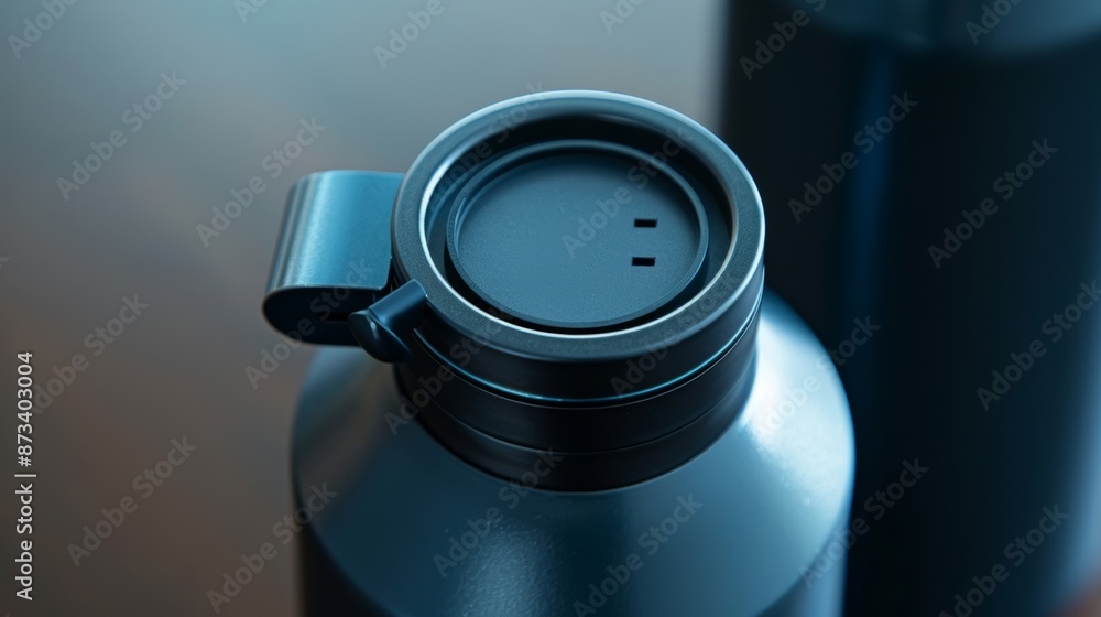 Poster a closeup of the sleek and modern design of a smart hydration bottle with a builtin sensor on the li