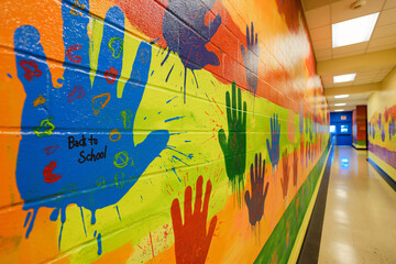 Fototapeta premium Brightly colored handprints of children decorating a school hallway as a janitor prepares for the start of a new year