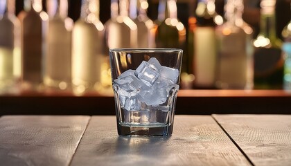 Glass with ice cubes on bar counter