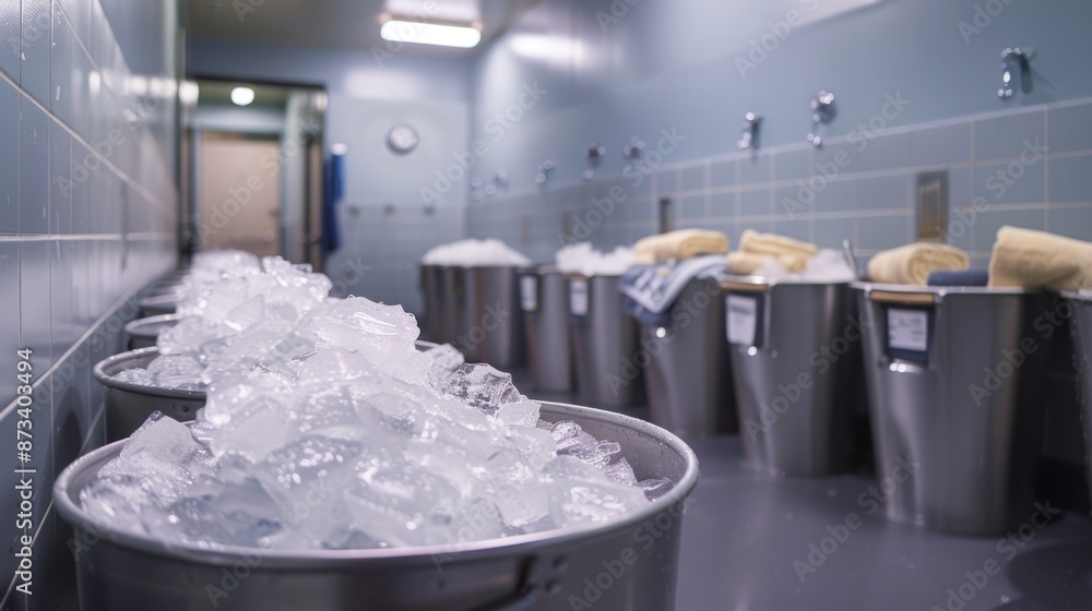 Poster a gym locker room with several buckets filled with ice and towels indicating that ice baths are a re