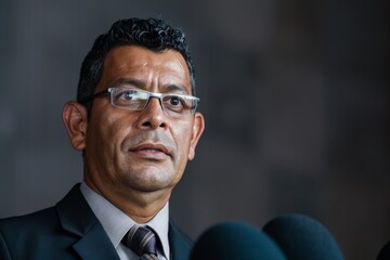 A man in formal attire giving a speech indoors behind a microphone, illustrating public speaking, communication, and leadership in a formal or professional setting.