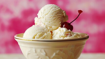   Two scoops of ice cream in a bowl, topped with a cherry garnish