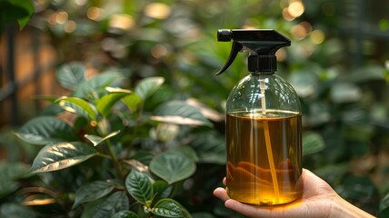 Glass spray bottle with plant-based cleaner in garden