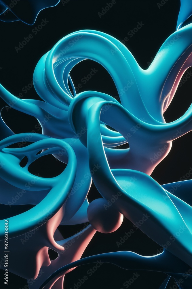 Poster this is a 3d rendering of a blue and pink shape that is twisted and curved.