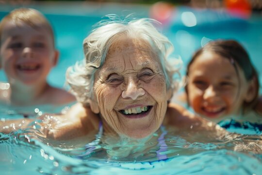 An elderly woman with a joyous expression laughs while swimming with two children in a pool. The three of them share a happy, playful moment, radiating warmth and love.