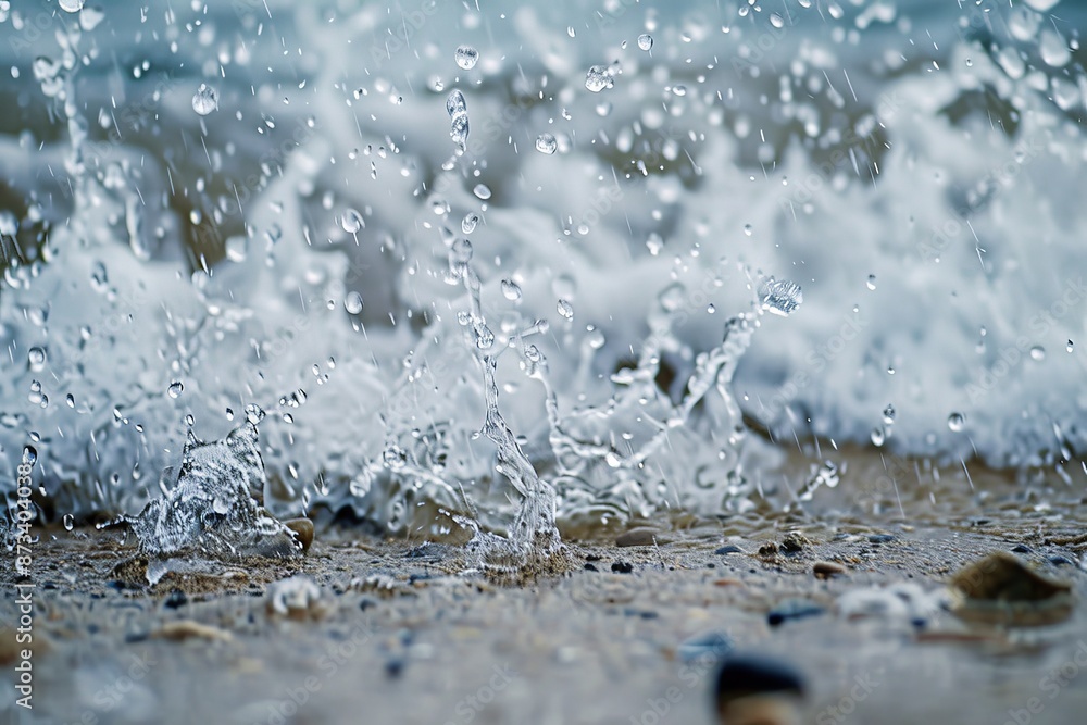 Aufkleber Dynamic image of sea waves crashing onto a rocky seashore, creating splashes and foam under a cloudy sky, illustrating the raw power and relentless motion of coastal landscapes.