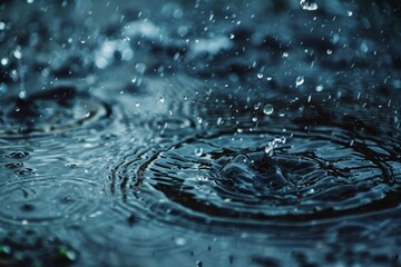 A serene scene capturing raindrops splashing onto a dark water surface, creating ripples and a mesmerizing pattern, embodying the tranquility and constant movement of nature.