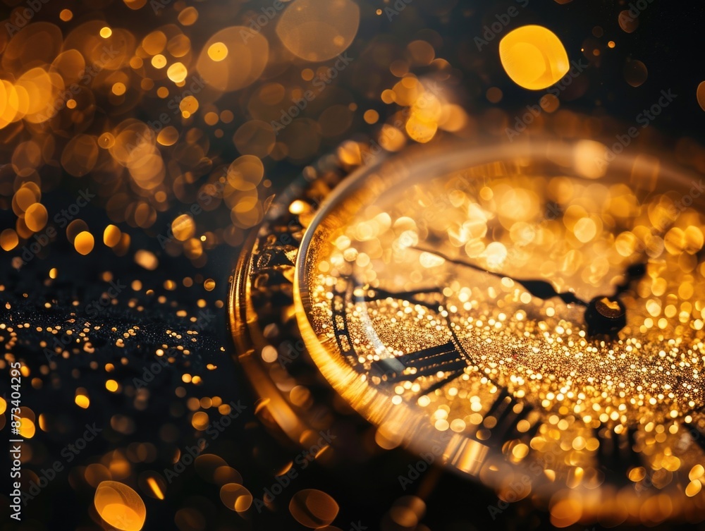 Poster a gold clock with roman numerals on it is surrounded by a blurry background. the clock is set at 11: