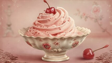   A cupcake with a cherry on top and cherry on the side in a bowl with a cherry on the side