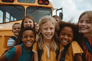 Group of elementary school students with backpacks smiling and posing before boarding the school bus on a sunny day