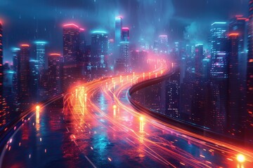 Fototapeta premium Neon Cityscape with a Winding Road