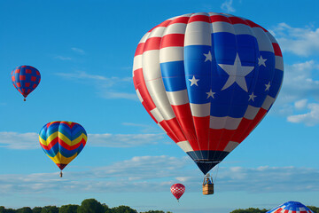 Naklejka premium Colorful hot air balloons soar through a clear blue sky with fluffy white clouds, evoking freedom and adventure