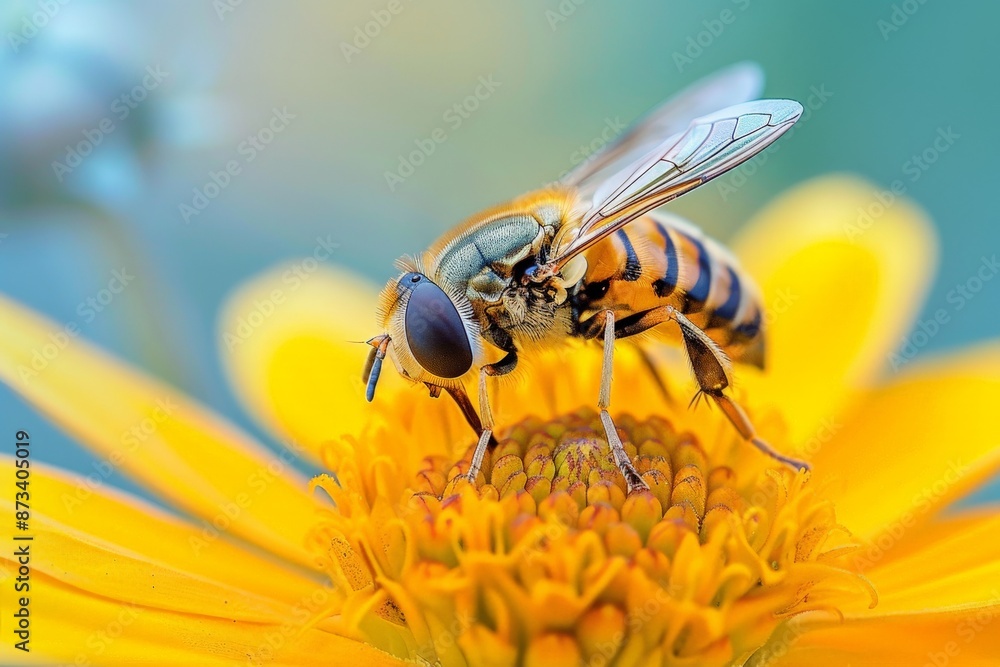 Poster a stunning macro photograph of a hoverfly perched on a bright yellow flower, capturing the intricaci
