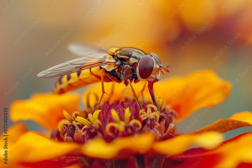 Poster this image features a hoverfly meticulously feeding on an orange flower, captured in a detailed clos
