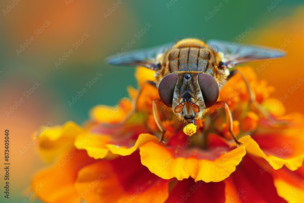 Poster this image captures a close-up view of a hoverfly with large eyes and detailed body, pollinating a b