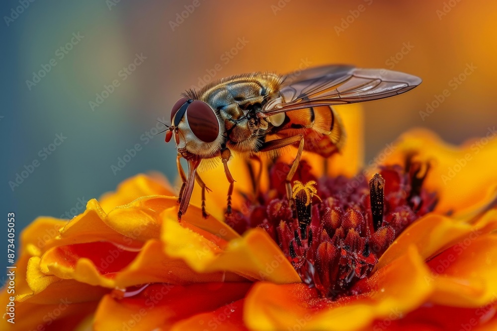 Poster A visually striking close-up image of a hoverfly on a red flower, demonstrating the fine details and vibrant colors that characterize the interplay between the insect and its floral environment.