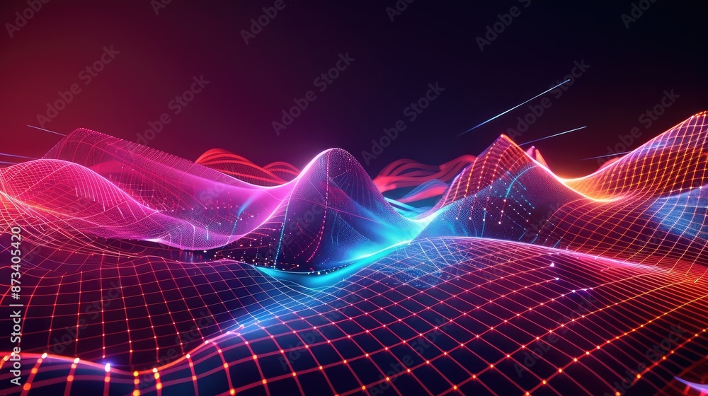 Poster a futuristic 3d liquid wave banner with a neon gradient flowing through geometric shapes, creating a
