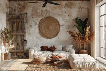 Farmhouse living room interior background, wall mockup, 3d render, Generative AI