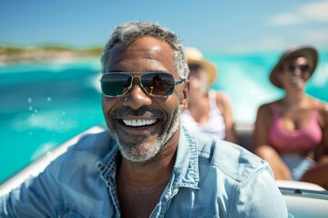 A man in sunglasses and casual wear enjoys a boat ride with friends on clear blue waters, all smiling and having a good time under the sunny sky.