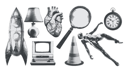 Surreal retro graphic kit. Rocket, computer, lamp, robot, magnifying glass, heart, pocket watch, traffic cone. Monochrome dotted halftone collage cut out element in a pop art style. 
